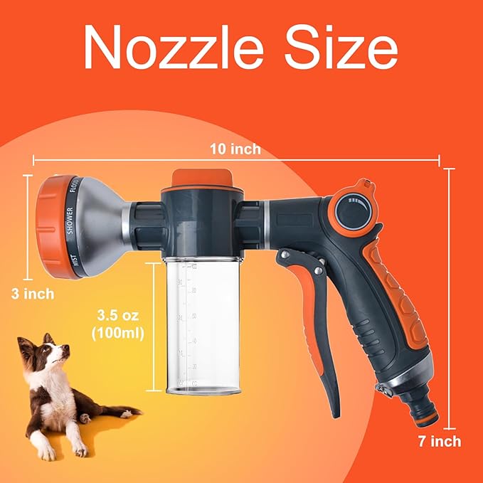 Dog Washing Hose Attachment, 8-in-1 Sprayer Hose Nozzle with Soap Dispenser for Dog Showering, Watering Flowers, Car Washing (With Brush and Lint Remover)