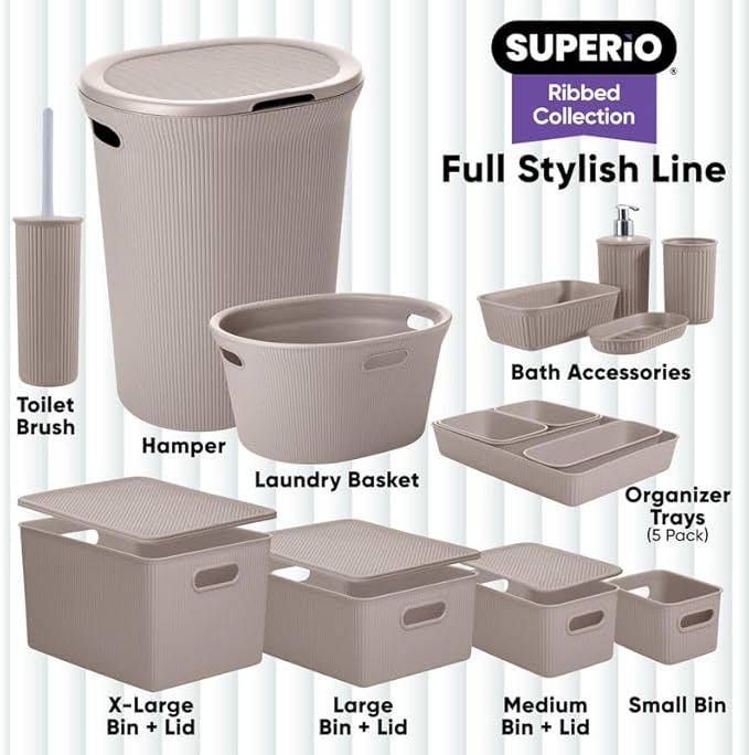 Decorative Plastic Basket Open Home Storage Bins Organizer, X-Large Taupe (6 Pack) Container Boxes for Organizing Closet Storage Bins for Shelves Drawer Shelf - Ribbed Collection 22 Liter/23 Quart
