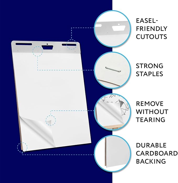 IMPRESA Sticky Easel Pads - Strong Adhesive for Office Supplies - Portable for Flip Chart Easels - Heavyweight White Surface for Art Supplies - 25 x 30 in, White, Pack of 5, 150 Sheets