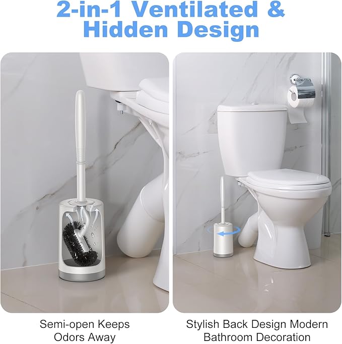 HAMITOR Toilet Bowl Brush Holder Set: Curved Design with Holder for Deep Cleaning Under Rim - Compact Hidden Scrubber for Small Space - Modern RV Bathroom Accessories - White (Pack of 2)
