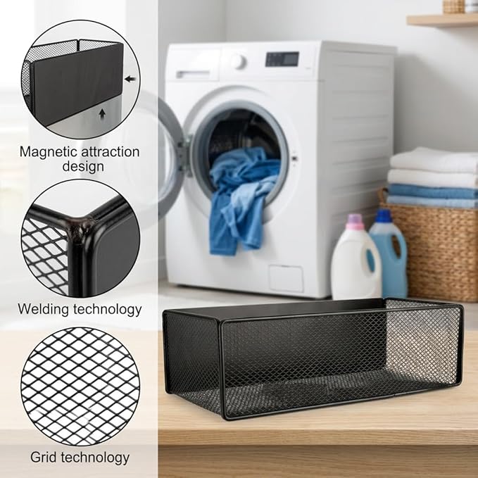2 Pack Magnetic Shelf for Washing Machine, Laundry Room Organization and Storage accessories, Magnetic Spice Racks for Refrigerator ,Metal Storage Baskets for Laundry ,Kitchen,Room Shelves(Black)
