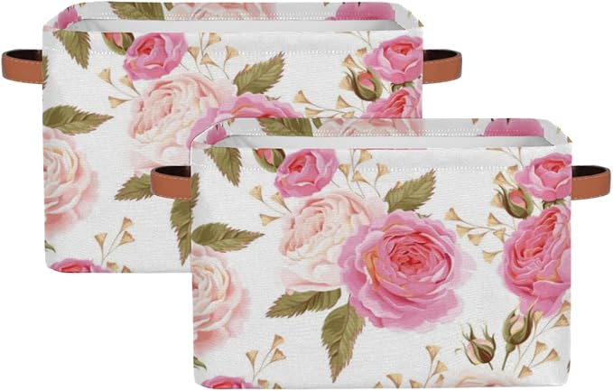 Pardick 2Pack Floral Flower Rose Large Collapsible Storage Bins,Pink Roses Decorative Canvas Fabric Storage Boxes Organizer with Handles，Rectangular Shelves Baskets Box for Home Office Nursery Closet