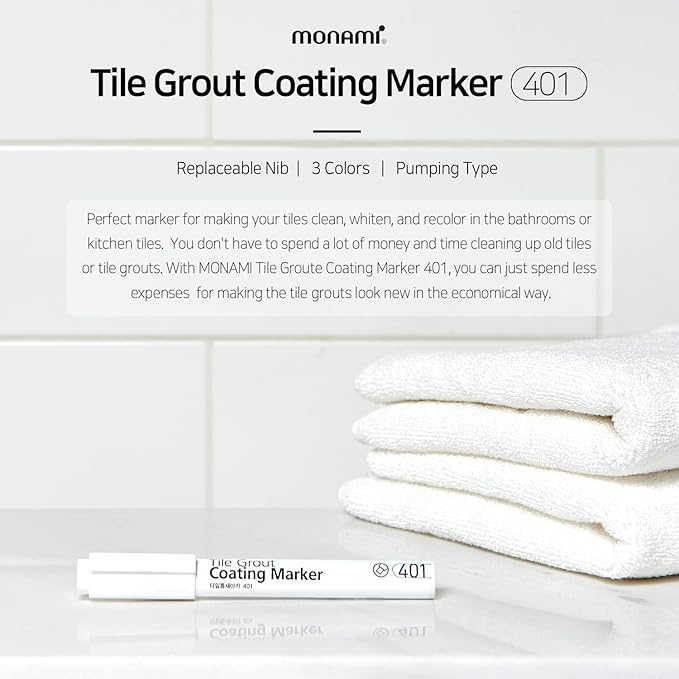 MONAMI Tile Grout Coating Marker 401, Chisel Tip (1.5~4mm), Repair Marker with Replaceable Nib Tips to Restore Grout Lines, White, 1 Marker + 2 Extra Tips