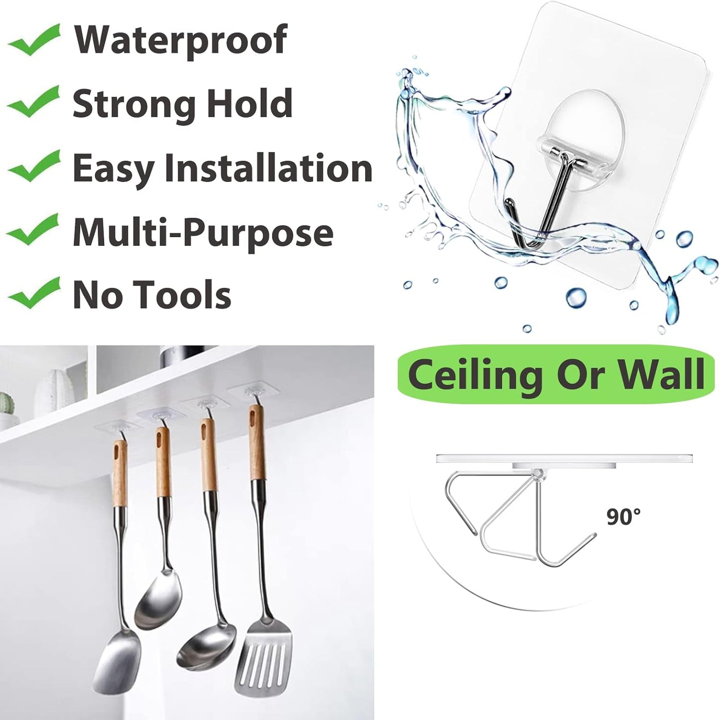 Adhesive Wall Hooks 13LB Heavy Duty, No Drill, Transparent Waterproof Hooks for Bathroom, Kitchen, Towel & Coat — 12 Pack