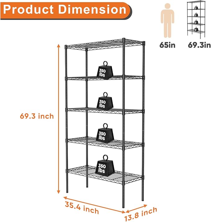 5-Wire Shelving Metal Storage Rack, Adjustable Steel Wire Racks, Heavy Duty Standing Shelf Organizer for Kitchen, Closet, Pantry, Garage, Laundry, Bathroom, Black