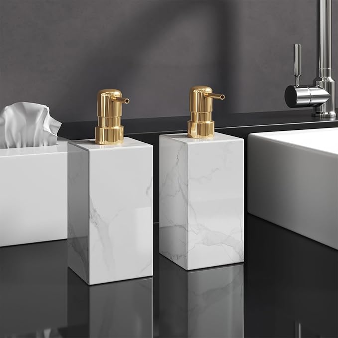 2 Pack Real Natural Marble Soap Dispenser with Stainless Steel Pump Decorative Liquid Hand Soap Bottle for Kitchen Bathroom, Compatible with Lotion, Dish Soap Shower Gel (White 2 Set)