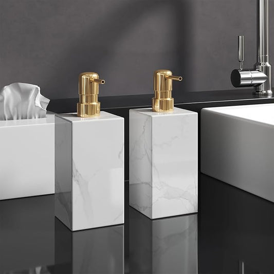 2 Pack Real Natural Marble Soap Dispenser with Stainless Steel Pump Decorative Liquid Hand Soap Bottle for Kitchen Bathroom, Compatible with Lotion, Dish Soap Shower Gel (White 2 Set)