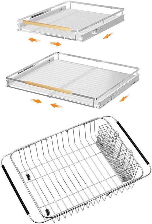 SANNO Expandable Pull Out Kitchen Cabinet Organizers and Storage, Cabinet Sliding Shelf Under Sink Shelf, Dish Drying Rack with Stainless Steel Utensil Holder Large Dish Rack Drainer