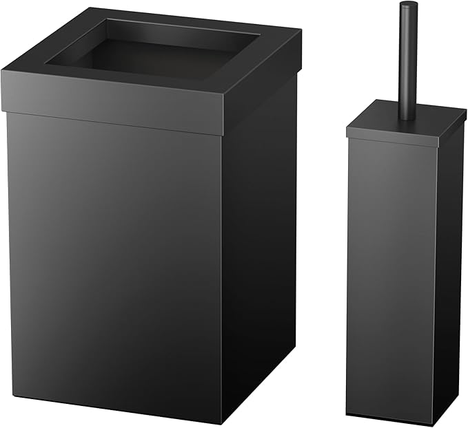Gatco Small Bathroom Trash Can with Lid and Toilet Brush Set, Square 3 Gallon Stainless Steel Wastebasket, Under Sink, Matte Black, for Bathroom, Bedroom, Office (2972)