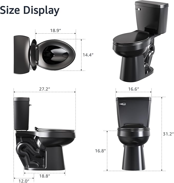 ELLAI Two Piece Elongated Toilets ADA Chair Comfort Height 16.5" Powerful Single Flush 1.28 GPF 12” Rough In with Side Trip Lever, Glossy Black 28.3"x17.2“x31"