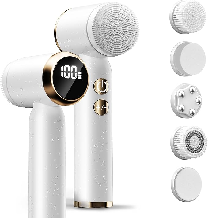 Electric Face Scrubber & Facial Cleansing Brush - 6-in-1 Exfoliating Face Scrubber Kit, 3 Speeds, IPX6 Waterproof Face Brush for Deep Cleaning, Massage & Gentle Exfoliation-Milk White