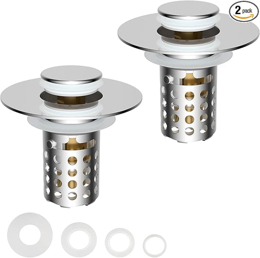 Universal Bathroom Sink Drain Strainer Hair Catcher 2PCS Upgraded with Removable Stainless Steel Filter Basket, 3 in 1 Pop Up Sink Stopper for 1.1''~2.36'' Sink Basin Hole, Chrome