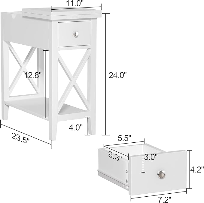 ChooChoo End Table, Flip Top Narrow End Table with Drawer, Accent Small Side Table Nightstand for Living Room, Bedroom, and Small Spaces, White