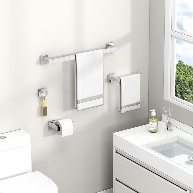 Bathroom Hardware Set 4-Piece, Angle Simple SUS304 Stainless Steel Bath Accessory Kit, Bathroom Fixture Set with Robe Hook, Toilet Paper Holder, Towel Holder and Towel Bar Polished Chrome