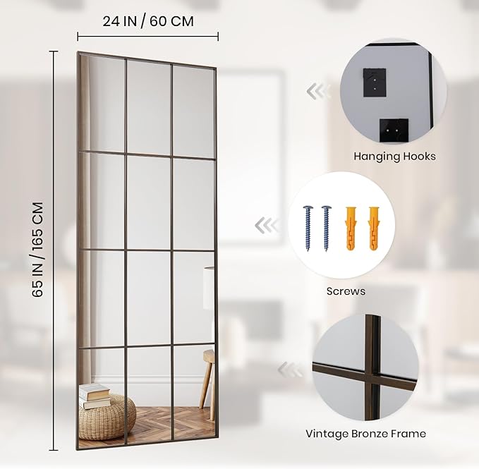 Windowpane Mirrors Full Length 65"x24" Wall Mounted Bronze Art Pane Mirror Farmhouse Decorative Floor Mirrors Leaning Hanging Wall Mirror for Bedroom Living Room Entrance