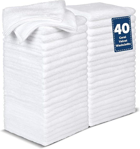 40 Pack White Coral Velvet Washcloths Bulk, Highly Absorbent and Soft Face Towels, Multi-Purpose Wash Cloths & Hand Towels for Bathroom, Hotel, Spa and Gym, 12 x 12 inches