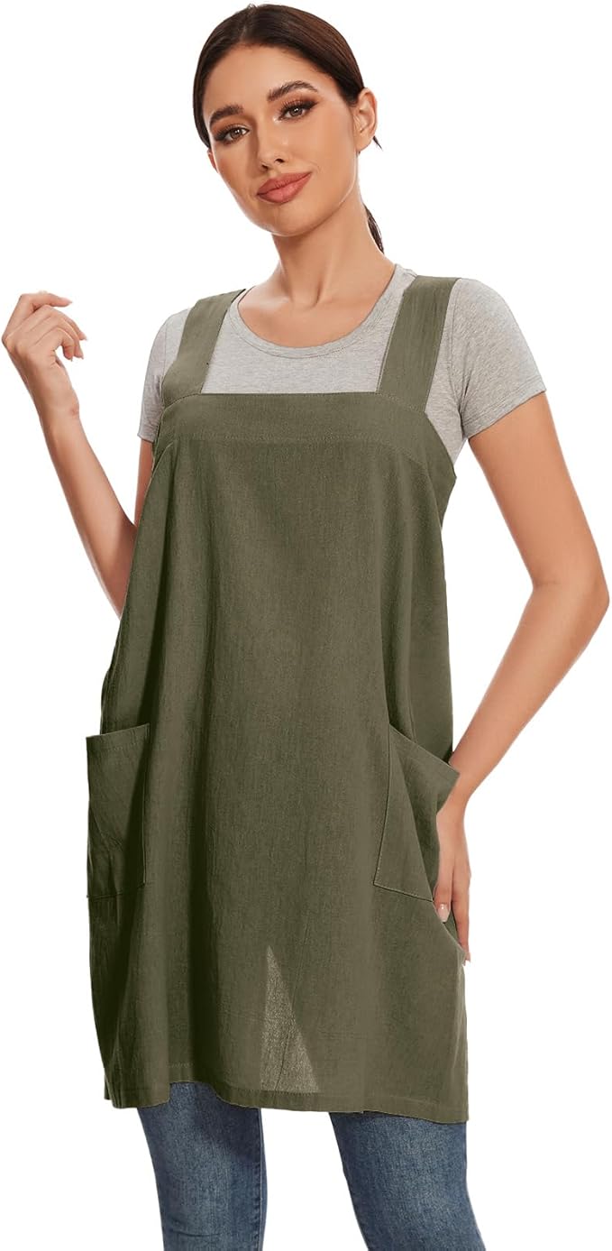Women Apron with 2 Pockets Cotton Linen Kitchen Baking Cooking Chef Cross Back Pinafore Dress
