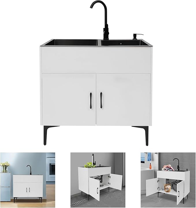 32-Inch Utility Sink Cabinet with 360° Swivel Hot/Cold Faucet, Laundry Sink with Cabinets and Stainless Steel Double Sinks, Freestanding Cabinet with Sink for Laundry&Utility Room, Kitchen, Bathroom