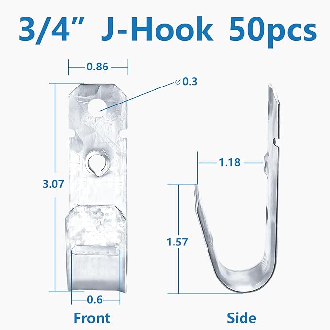 SIHAI (50 Packs 3/4” Inch J-Hooks, UL Certified Heavy-Duty Cable Support Hooks for Hanging CAT6/6A, Fiber Cable Management and Low Voltage Wiring