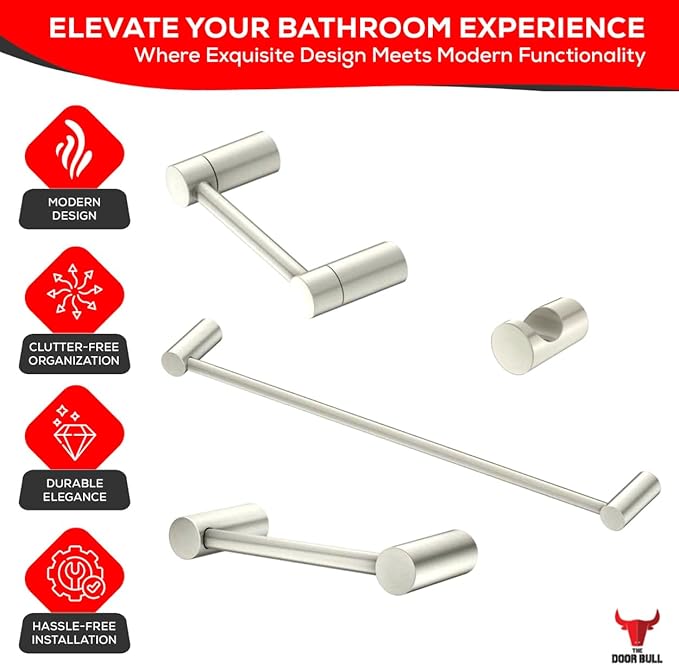 Contemporary Design 4-Piece Bathroom Hardware Accessory Set, Bathset 24 Inch Towel Bar, Hand Towel Bar, Toilet Paper Holder and Robe Hook, Rack Set Wall Mounted (Brushed Nickel, 4 Piece Set)