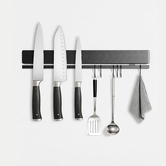 TOUKA 12 Inch Magnetic Knife Holder in Black, 304 Stainless Steel – Double Rods with 6 Hooks for Maximum Strength, No-Drill Adhesive & Screws for Easy Wall Mount