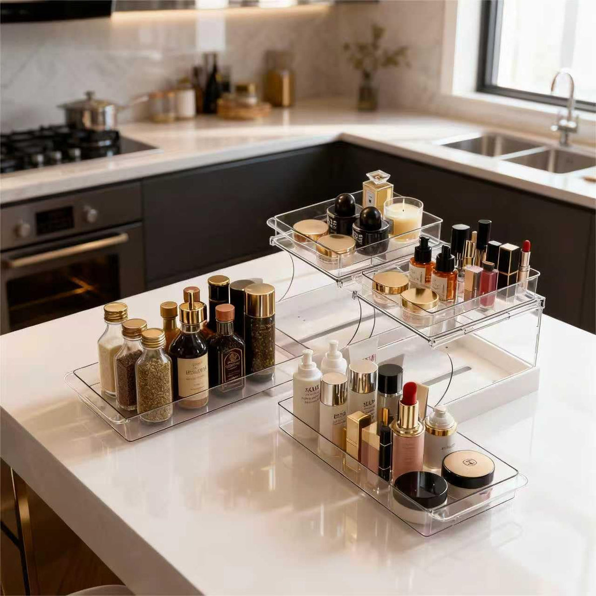 Jsyrjing 2 Pack Pull Out Spice Rack, 2 Tier Clear Cabinet - Image 1