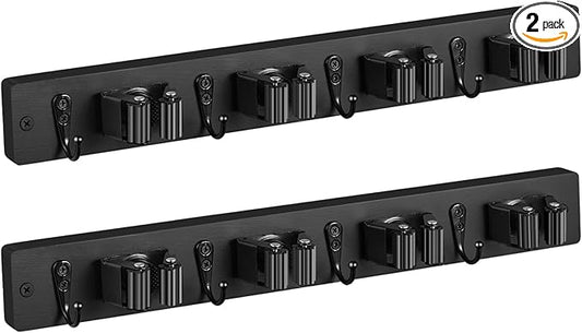 2 Pack Black Mop Broom Holder Wall Mount - Wood Broom Mop Hanger - Wall Mounted Garden Tool Rack Organizer for Closet Garage Laundry Room, 4 Slots & 4 Hooks