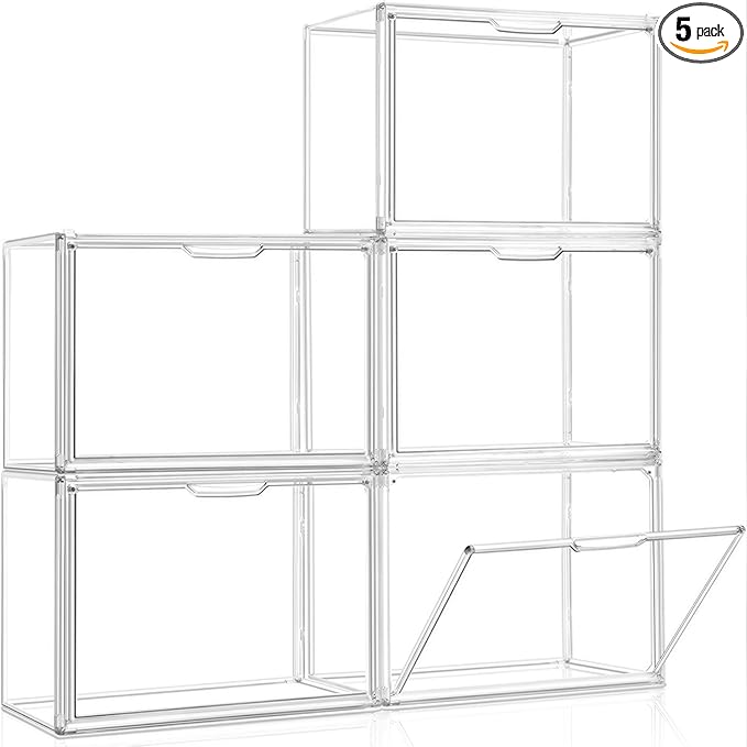 Clear Stackable Storage Bins, Acrylic Display Case, Acrylic Boxes with Lids, Magnetic Lid Storage Bins for Handbags & Purse, Large Figures Collectibles, Storage Box for Home Organization(5 Pack)