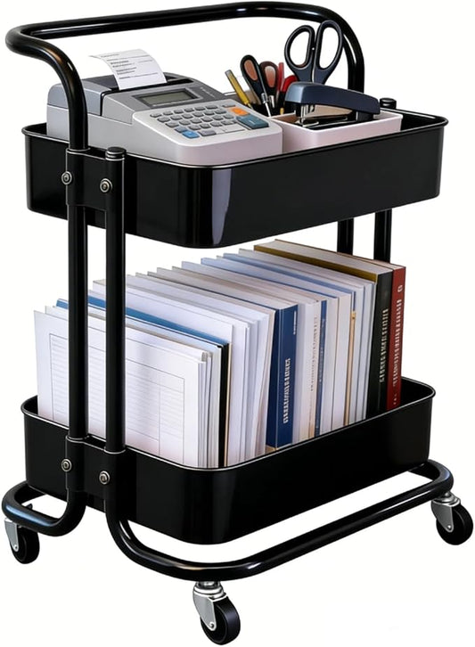2 Tier Rolling Utility Cart with Wheels All-Metal Short Pantry Cart Under Desk Storage Trolley with Handle, Small Rolling Storage Shelf for Small Space Kitchen Laundry Room Bathroom, Black