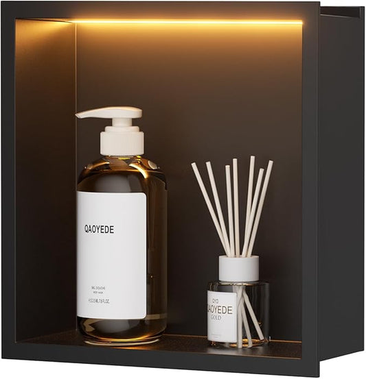 QAOYEDE 12"x12" Stainless Steel LED Shower Niche, Matte Black No Tile Needed Recessed Shelf, Over Mount Bathroom Wall Storage for Soap & Accessories