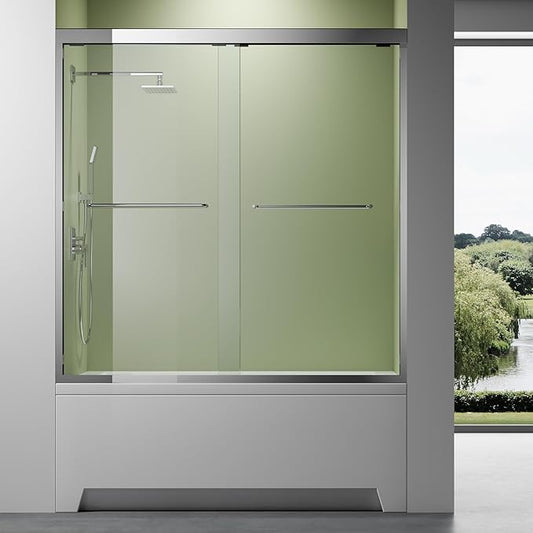 Sliding Bathtub Shower Glass Door 56-60" Width x 62" Height with 1/4"(6mm) Clear Tempered Glass,Chrome Stainless Steel Hardware Double Handles Bypass Glass Tub Doors