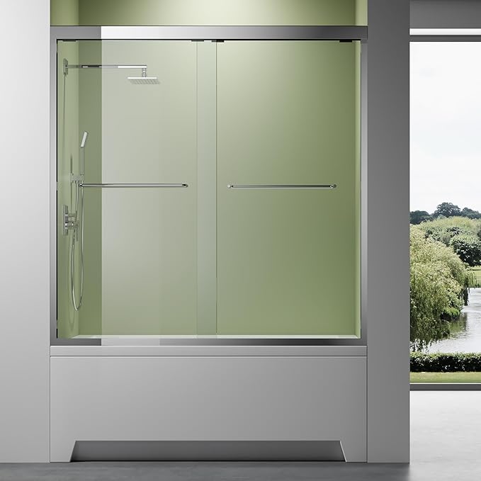 Chrome 56"-60" x 57" Adjustable SGCC/ANSI Certified Tempered Glass Shower Door for Bathtub,Leak-Proof Sliding Reversible Design Tub Door for DIY-Friendly Remodel with Stainless Steel Handles