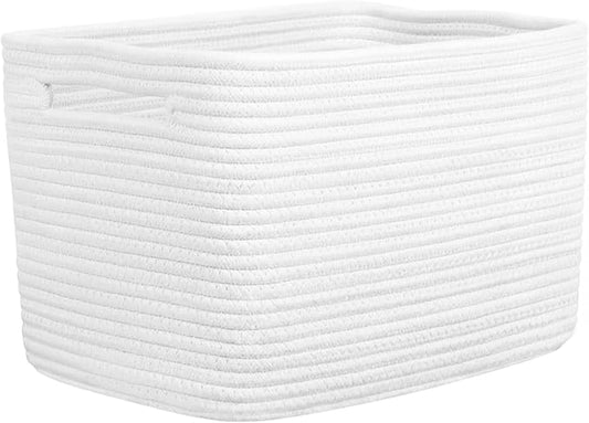 Storage Baskets for Organizing, 14 x 10 x 9” Closet Shelf Woven Baskets, Square Bins with Handles, Cotton Rope Basket for Toys, Clothes, Office, Room, White 1 Pack