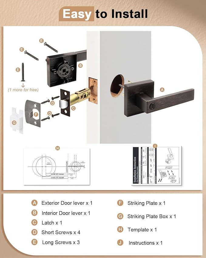 Probrico Heavy Duty Oil Rubbed Bronze Door Handles, Interior Keyless Locks Bath/Bed Door Locksets, Square Privacy Door Levers Reversible for Left/Right Handed Doors, 8 Pack