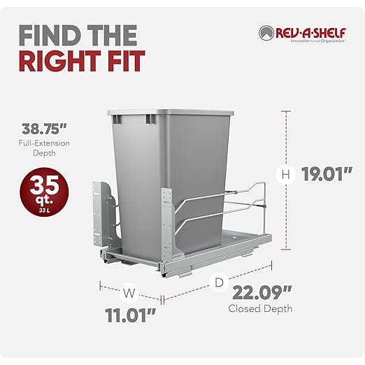 Rev-A-Shelf Pullout Trash Can for Under Kitchen Cabinets 35 Quart 8.75 Gallon with Soft-Close Slides and Rear Storage, Silver, 53WC-1535SCDM-117