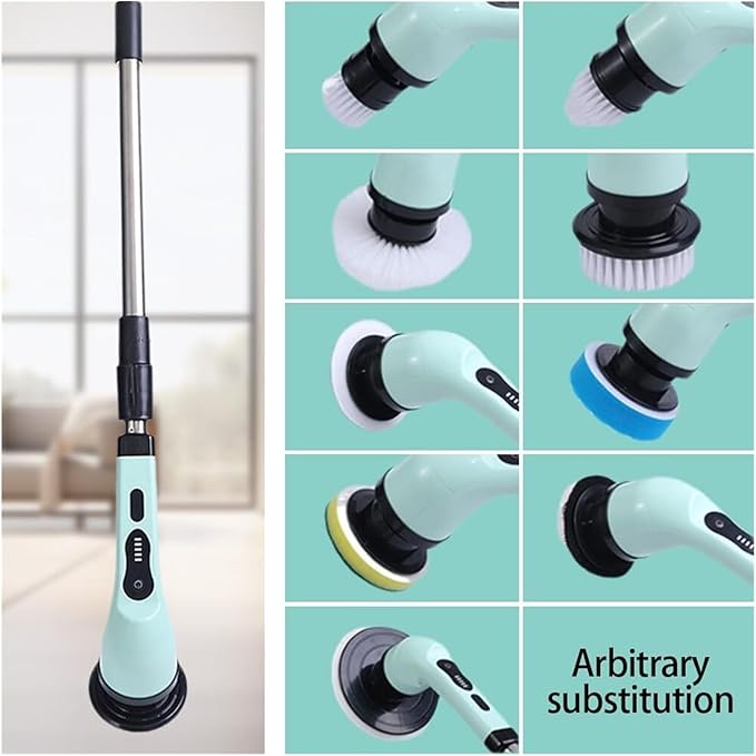 Electric Spin Scrubber, Multi-Purpose Cleaner,9 in 1 Electric Spin Scrubber,Cordless Cleaning Brush with 9 Replaceable Heads,Cordless Shower Scrubber,Adjustable and Detachable Handle(Green)