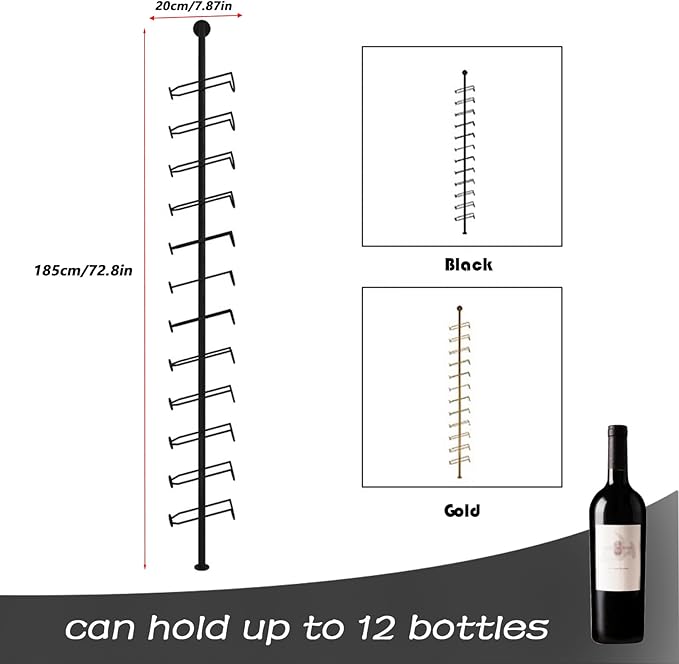 Wine Rack Wall Mounted, 72.8in High Metal Wine Bottle Holder for 12 Bottles, Kitchen Organization and Wine Storage for Commercial Restaurants Pantry Bar Wine Cellar (Gold, Four rows-48 Bottles)