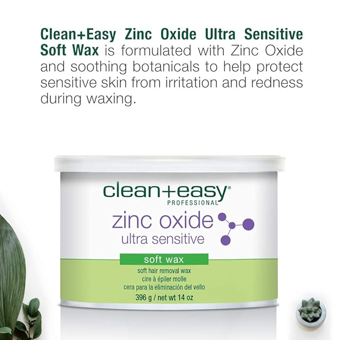 Clean + Easy Zinc Oxide Ultra Sensitive Soft Wax for Hair Removal - Depilatory Wax for Sensitive Skin, Removes Fine to Medium Hair, DIY Waxing, 14oz