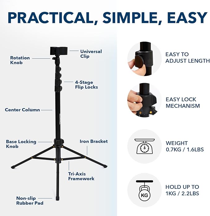 Hair Dryer Stand – Heavy Duty 26-74 Inch Adjustable Blow Dryer Holder with Non-Slip Tripod and Universal Clip – Hands Free for Frozen Shoulder, Arthritis, and Wrist Pain Relief
