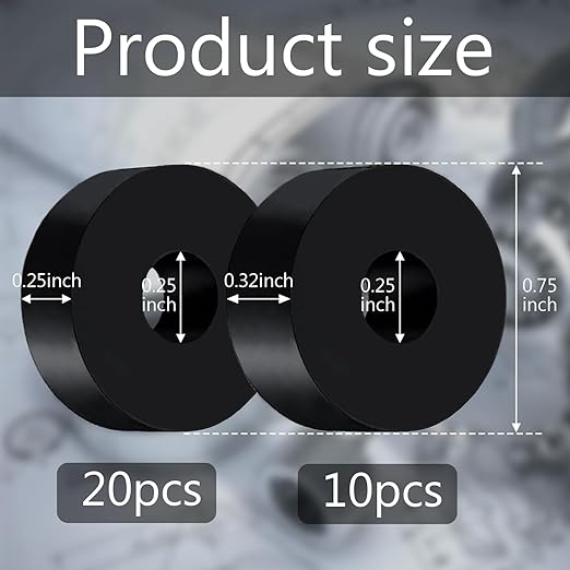 Rubber Washer Set: 2 Sizes (3/4" OD x 1/4" ID) Black Non-Slip Thick Grommets for Vibration Isolation (0.25" & 0.32" Thickness)