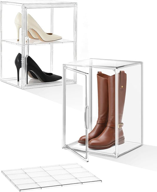 XXX-Large Clear Stackable Acrylic Display with Lid & Magnetic Door - 2-Tier Adjustable Shoe Box Case 11.8'' X 9.8'' X 15.7''Organizer for Boot, Sneakers, Collectibles, Figures, Purses | 2-Pack