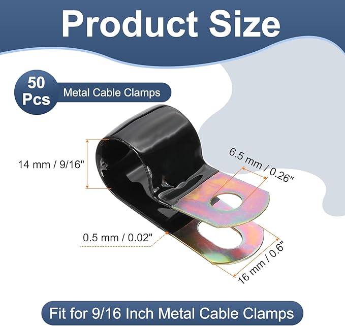 PATIKIL 9/16 Inch Vinyl Coated Cable Clamps, 50 Pack Galvanized Steel Metal Cable Clips Rubber Cushion Insulated Pipe Clamps for Tube Lines Cord Wire Management, Black