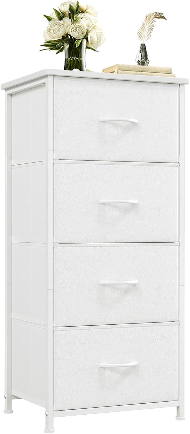 Somdot Dresser for Bedroom, 4 Drawer Storage Cabinet, White | Tall Nightstand Fabric Dresser with Removable Bins, Steel Frame and MDF Wood Top, Closet, Nursery, Dorm or Entryway Storage