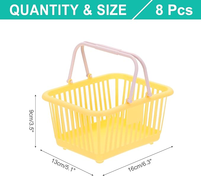 PATIKIL 8PCS Small Plastic Basket,Mini Storage Basket Grocery Tiny Shopping Baskets with Handle Organizer Filtered Water for Organizing Toys Fruits Veggies Snacks, Yellow