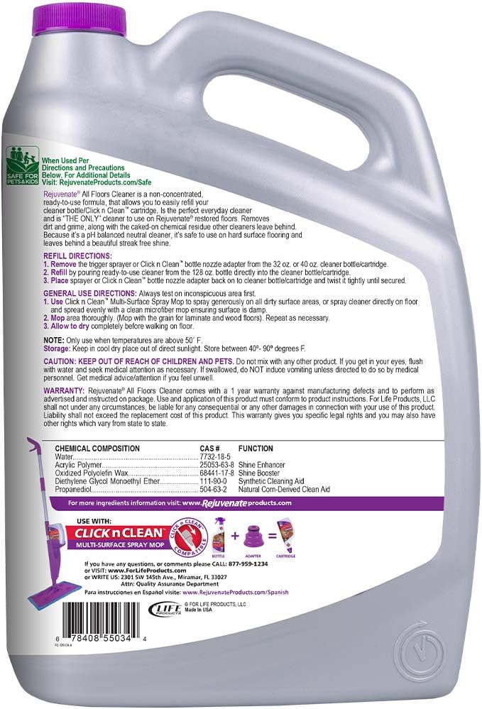 RejuvenateRejuvenate High Performance All-Floors and Hardwood No Bucket Needed Floor Cleaner, 128oz & Click N Clean Microfiber Mop Cleaning Pad RefillRejuvenate