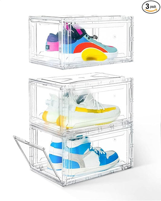 KDOR Shoe Boxes Clear Plastic Stackable 3 Pack Shoe Storage for Sneakerheads, Shoe Display Case Magnetic Door, Strong and Block of UV Protect your Shoes
