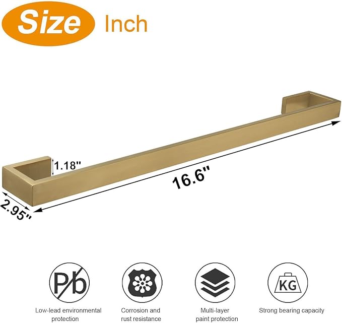 TocTen Bath Towel Rack - Square Base Thicken SUS304 Stainless Steel Towel Bar for Bathroom, Bathroom Bar Accessories Towel Rod Heavy Duty Wall Mounted Towel Holder (Brushed Gold, 16 Inch)