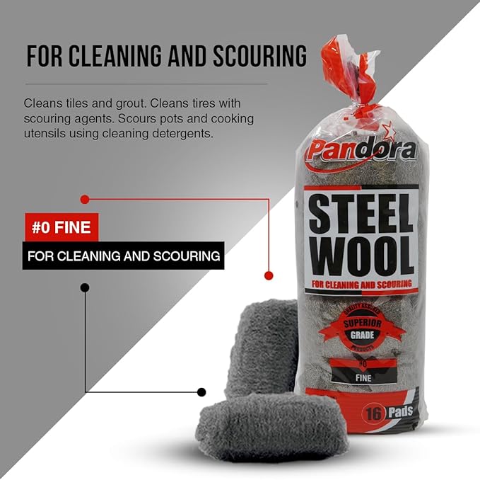 Pandora Steel Wool #0 - Fine Grade, 32 Pads for Cleaning and Scouring- Metal Strands - Ideal for Cleaning Porcelain, Tile, Grout, and Shower Doors