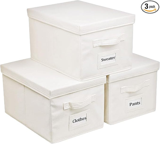 3 Pcs Closet Storage Bins with Lids & Lable & Handles, 15" 22 Quart Collapsible Fabric Stackable Storage Bin Cube Organizer Lidded Organizing Boxes Storage Containers