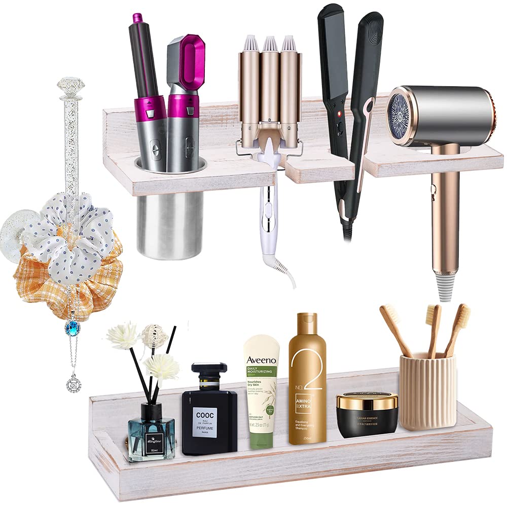 Wall Mount Hair Tool Organizer, 2 Tier Rustic Wooden Blow Dryer - Image 1